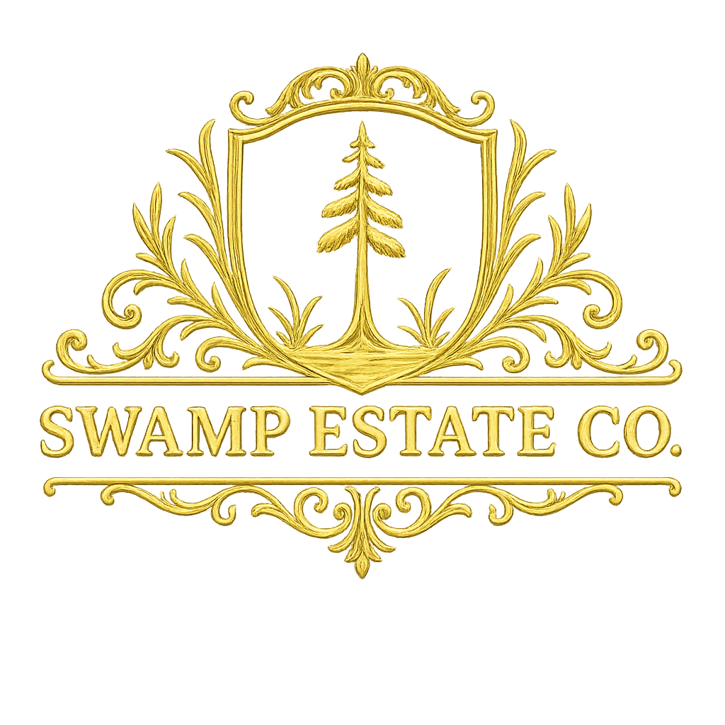 Ornate gold toned coat of arms style logo image that reads Swamp Estate Co. In the center of the coat of arms above the text is a single cypress tree silhouette with some sprigs of grass underneath. The image resembles a brass ornate vintage italian frame.